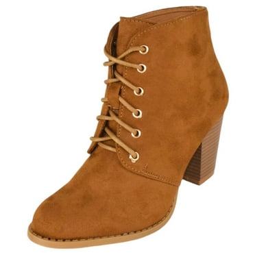 Forever Women Stacked Chunky Thick High Heels Ankle Boots Lace Up Booties JILLY-3 Suede Light Brown Tan 8.5