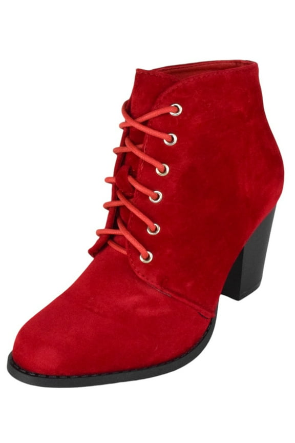 Women Stacked Chunky Thick High Heels Ankle Boots Lace Up Booties JILLY-3 Suede Red 10