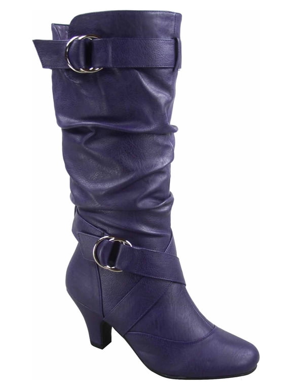 Women's Boots Round Toe High Heel Zipper Mid-Calf, 3 in Heel, Purple, 7.5