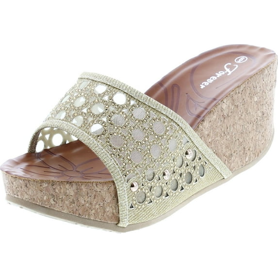 Forever Womens Cork Wedge Open Toe Rhinestone Embellished Sandals