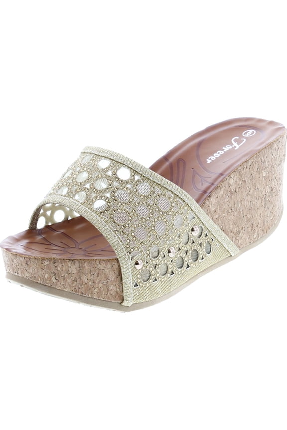 Forever Womens Cork Wedge Open Toe Rhinestone Embellished Sandals