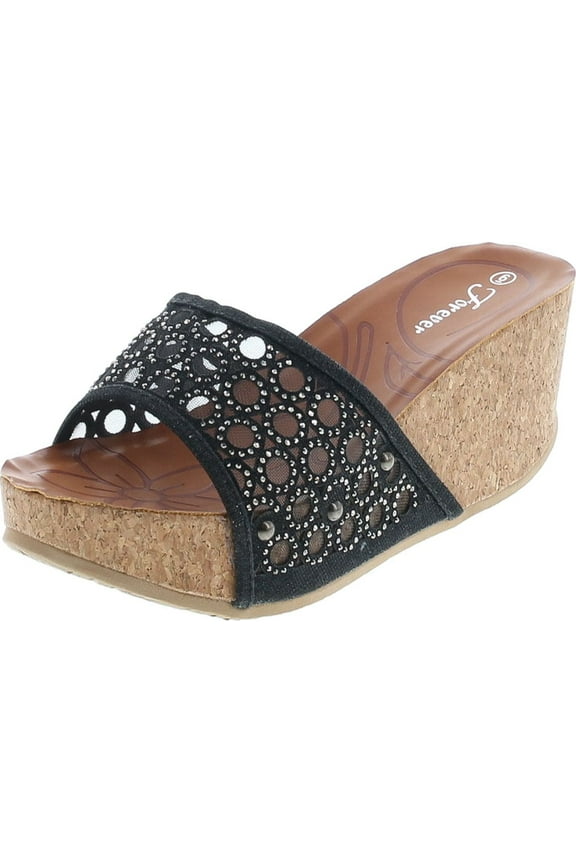 Womens Cork Wedge Open Toe Rhinestone Embellished Sandals