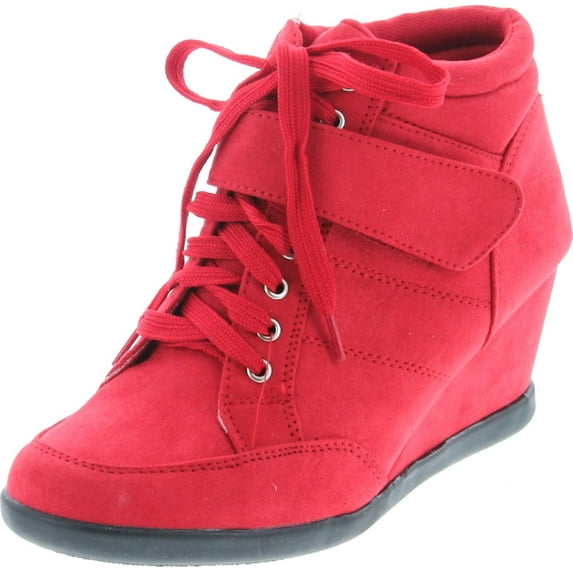 Forever Womens Peggy-51 Hot Fashion Lace Up Wedge Sneakers Casual shoes, Red, 7.5
