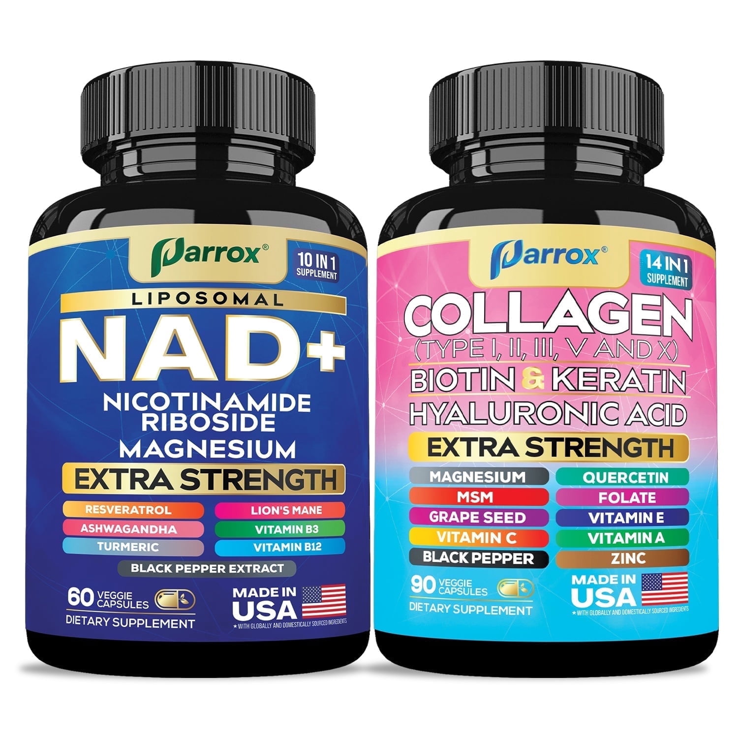 Parrox Forever Young Set with Liposomal NAD, Nicotinamide Riboside, Magnesium, Resveratrol, Lion’s Mane, Collagen Peptides Types I II III V X, Biotin, Keratin, Hyaluronic Acid, Zinc & Quercetin