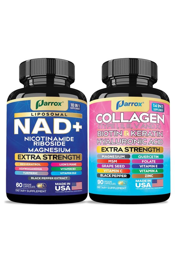 Forever Young Set with Liposomal NAD, Nicotinamide Riboside, Magnesium, Resveratrol, Lions Mane, Collagen Peptides Types I II III V X, Biotin, Keratin, Hyaluronic Acid, Zinc & Quercetin