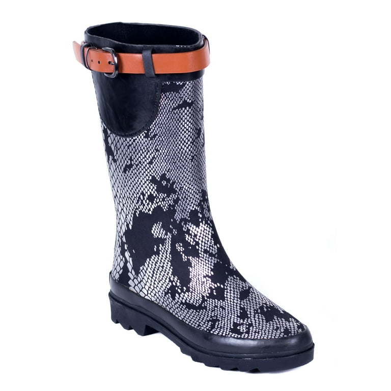 Forever Young Women Rubber Rain Boots Metallic Snakeskin Design
