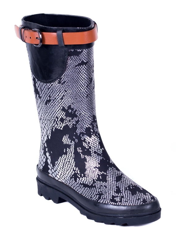 Women Rubber Rain Boots, Metallic Snakeskin Design