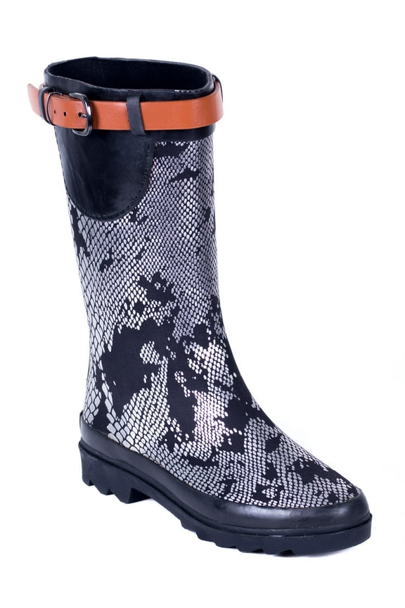 Women Rubber Rain Boots, Metallic Snakeskin Design