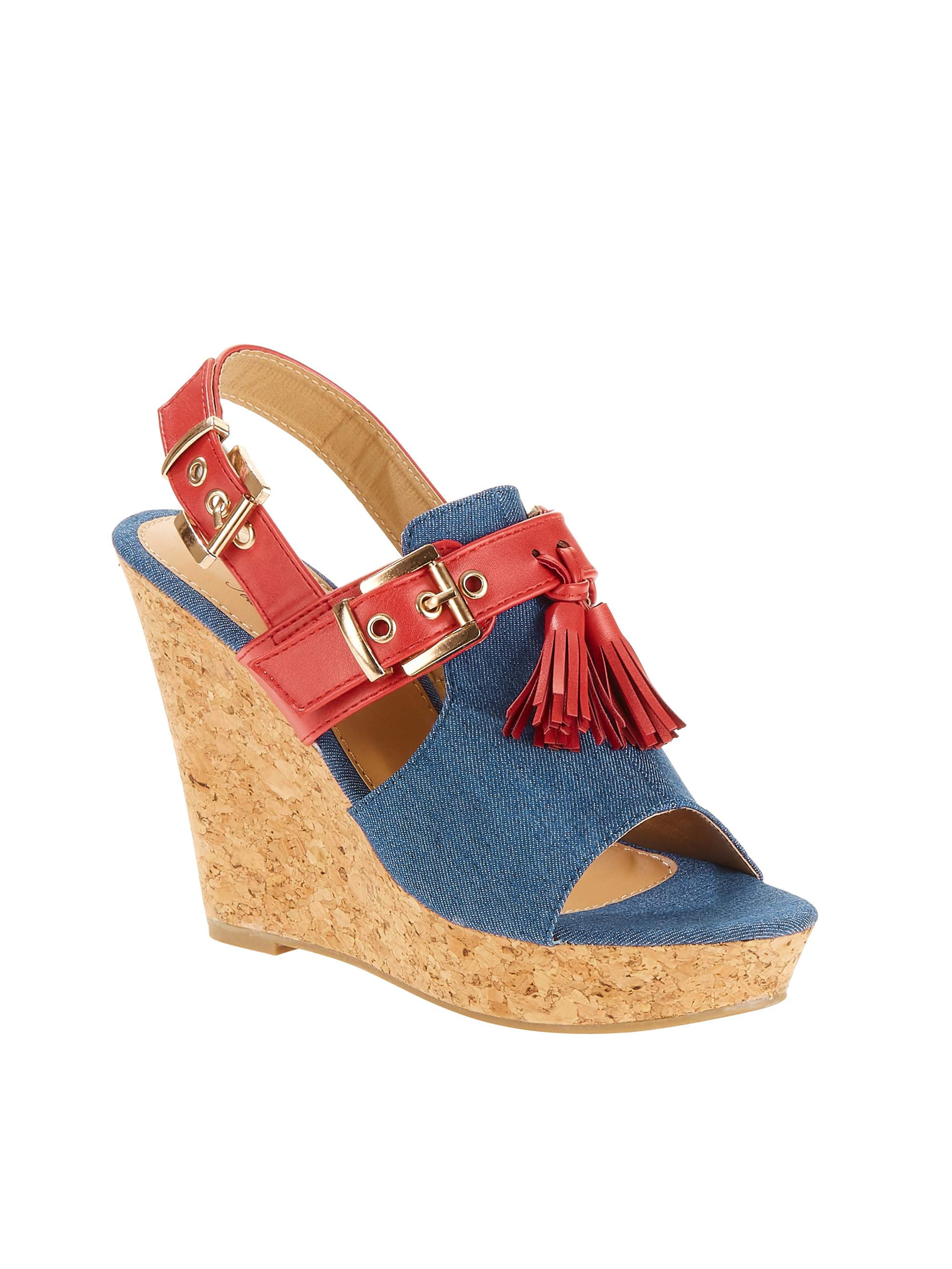 Forever Young Women's Denim Embellishment Wedges with Contrast Straps, Buckles and Tassels