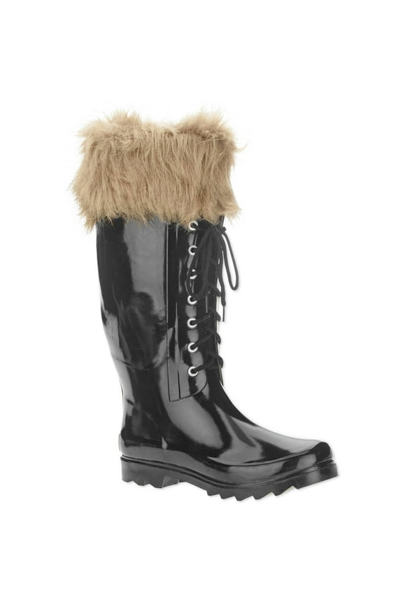 Women's Faux Fur Trim Lace-up Tall Rain Boot