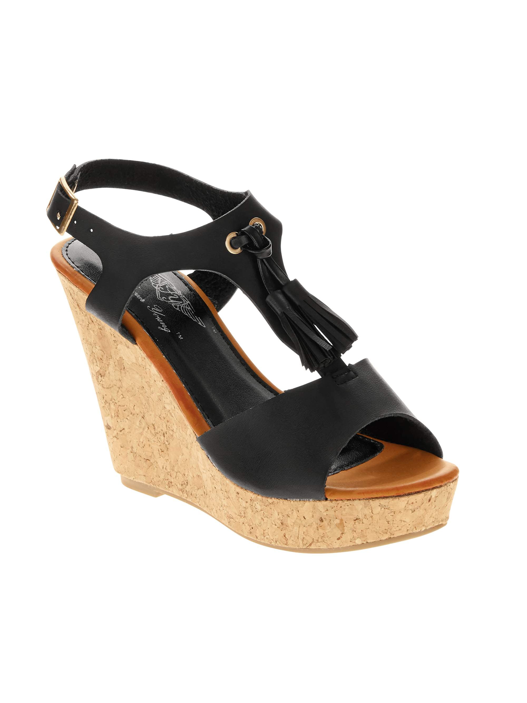 Forever Young Women's Faux Leather T-strap With Tassels Embellishments Wedge