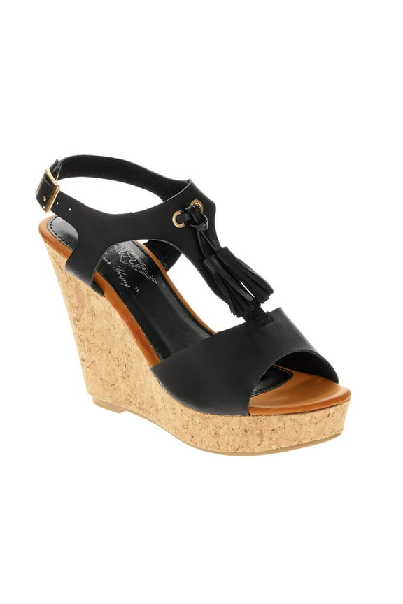 Women's Faux Leather T-strap With Tassels Embellishments Wedge