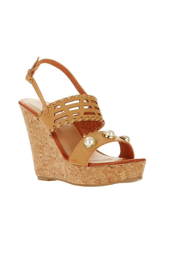 Women's Faux Leather Wedges With Pearls Embellishments and Embossed Strap