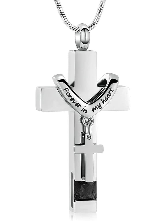 Forever in My Heart Birthstone Personalized Double Steel Cross Urn Pendant Cremation Jewelry for Ashes Cross Ashes Keepsake