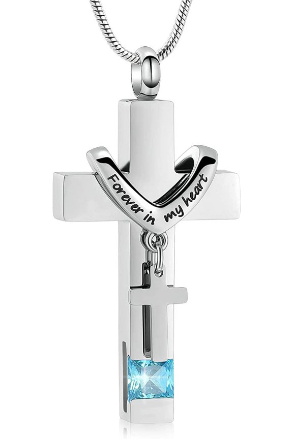 Forever in My Heart Birthstone Personalized Double Steel Cross Urn Pendant Cremation Jewelry for Ashes Cross Ashes Keepsake