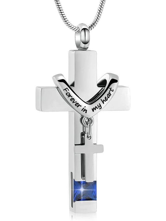 Forever in My Heart Birthstone Personalized Double Steel Cross Urn Pendant Cremation Jewelry for Ashes Cross Ashes Keepsake