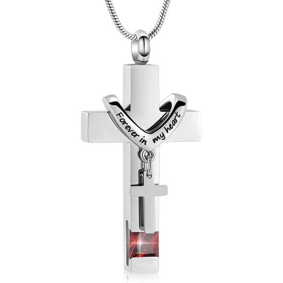 Forever in My Heart Birthstone Personalized Double Steel Cross Urn Pendant Cremation Jewelry for Ashes Cross Ashes Keepsake