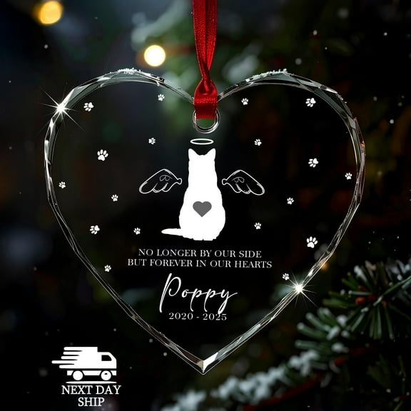 Forever in Our Hearts Cat Ornament, Personalized Cat Wings Name Memorial Heart Round Glass Keepsake, Loss Gift for Cat Owner, Sympathy Gift
