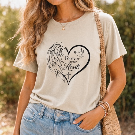 Forever in Our Hearts Shirt, Memorial T-Shirt for Women, Angel Wing Shirt, Remembrance Gift