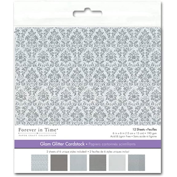 Forever in Time Glam Glitter Patterned Card Stock - 6 x 6 Inches - 12 Sheets of Silvery Patterns