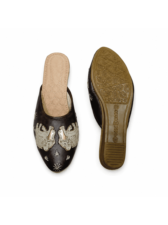 - Women's Ethnic Brown Mule Jutti Slip-On Flats with Metallic Traditional Embellishments | Festive Casual Footwear |Size - 6