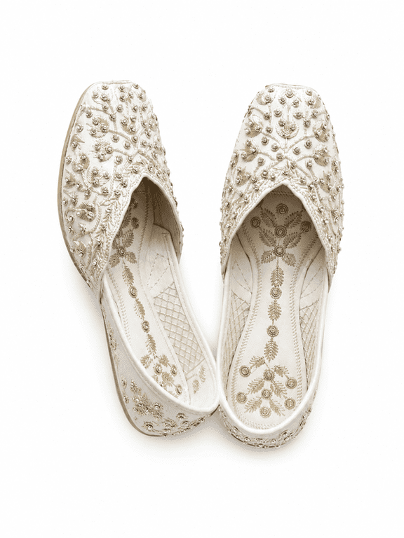 - Women's Ivory Embroidered Ethnic Jutti Flats with Pearl Beadwork | Traditional Slip-On Wedding & Festive Footwear |Size - 7