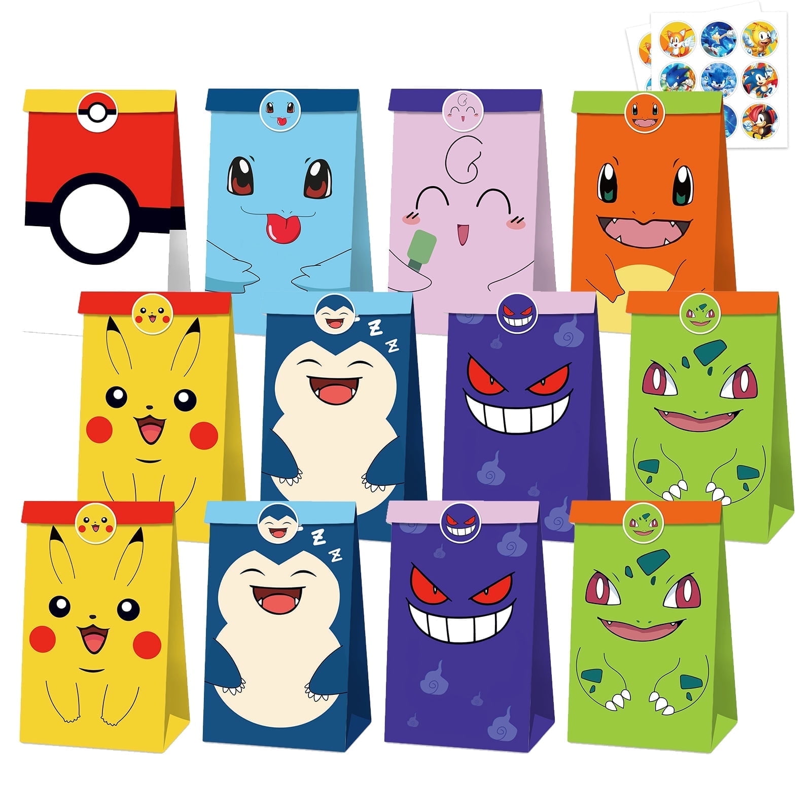 Forfamy 12Pcs Pokemon Party Favor Bags for Kids, Pokemon Party Supplies, Pokemon Birthday Gift Bag with Stickers, Happy Birthday Goodie Bags for Theme Party Decorations