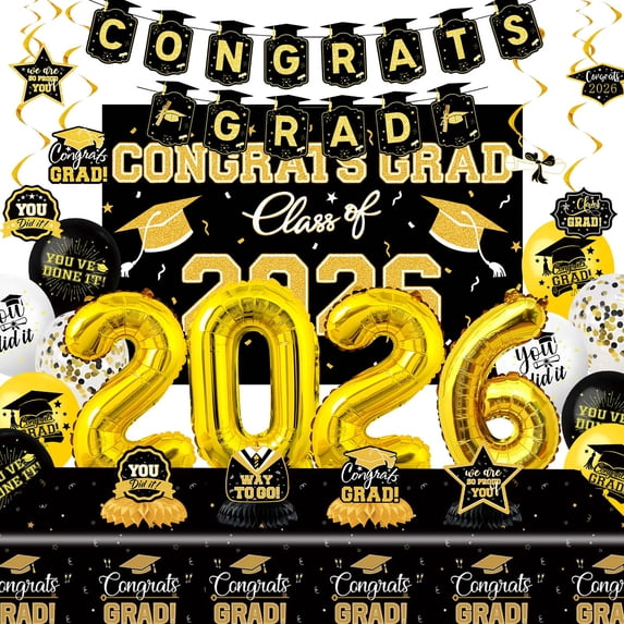 Forfamy 2026 Graduation Party Supplies, Graduation Party Decorations Black Gold Themed Set Graduation Banner Balloons Party Supplies, Black