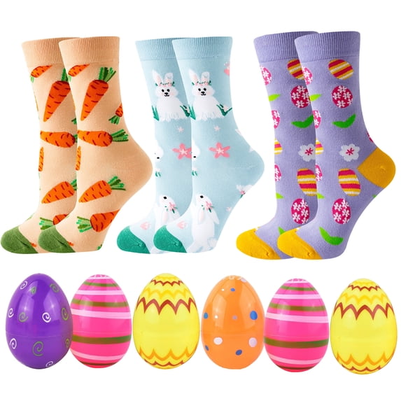 Forfamy 3 Pairs Easter Socks for Women with Easter Egg, Easter Bunny Crew Socks Novelty Design Crew Socks Easter Gifts