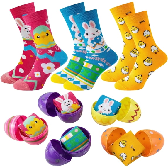 Forfamy 3 Pairs Easter Socks for Women with Easter Egg, Easter Bunny Crew Socks Novelty Design Crew Socks Easter Gifts