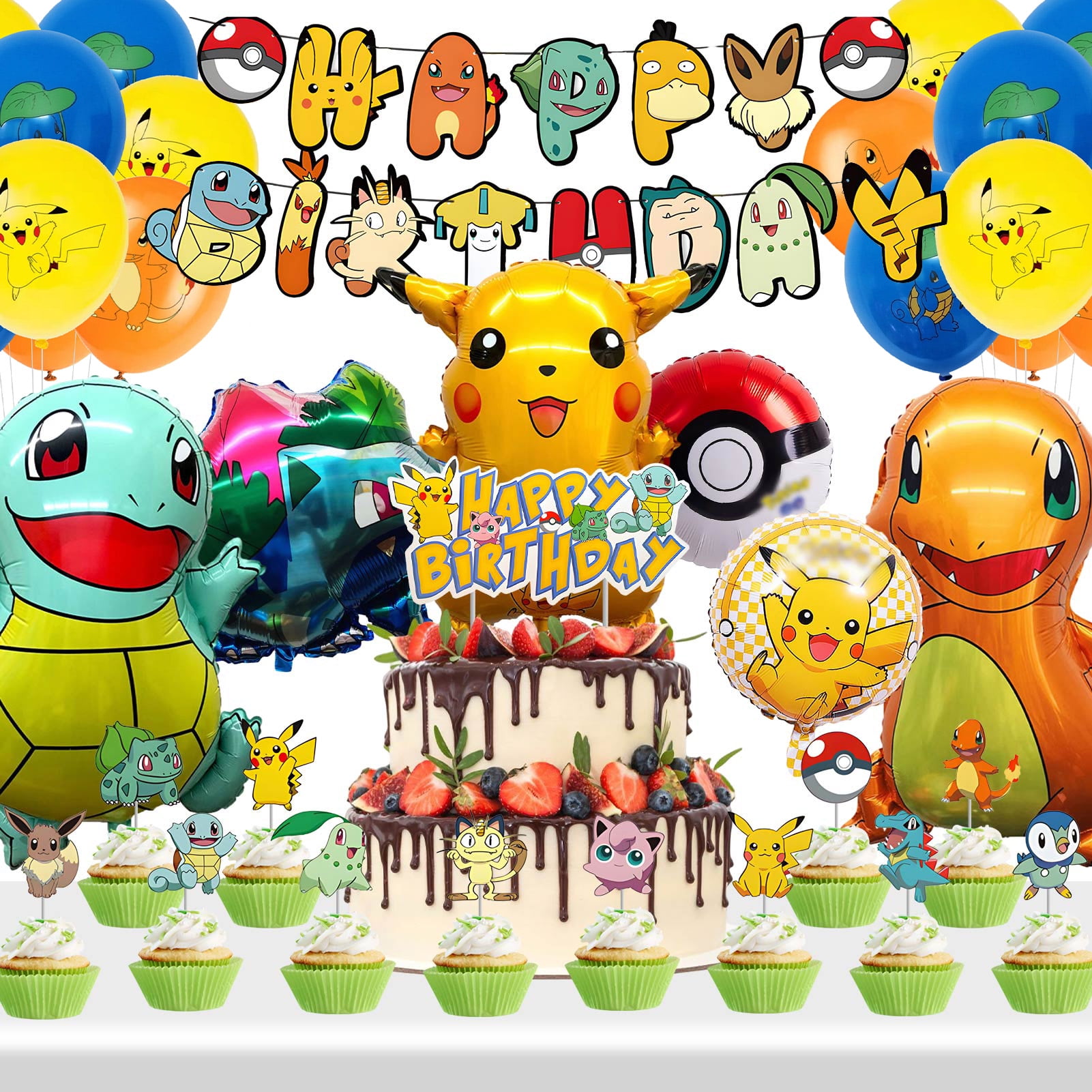 Forfamy 38 Piece Cartoon Animation Theme Birthday Party Decoration with Cake Toppers, Banner, Balloon,Birthday Party Favor pack Set for Kids Boys Girls,Yellow