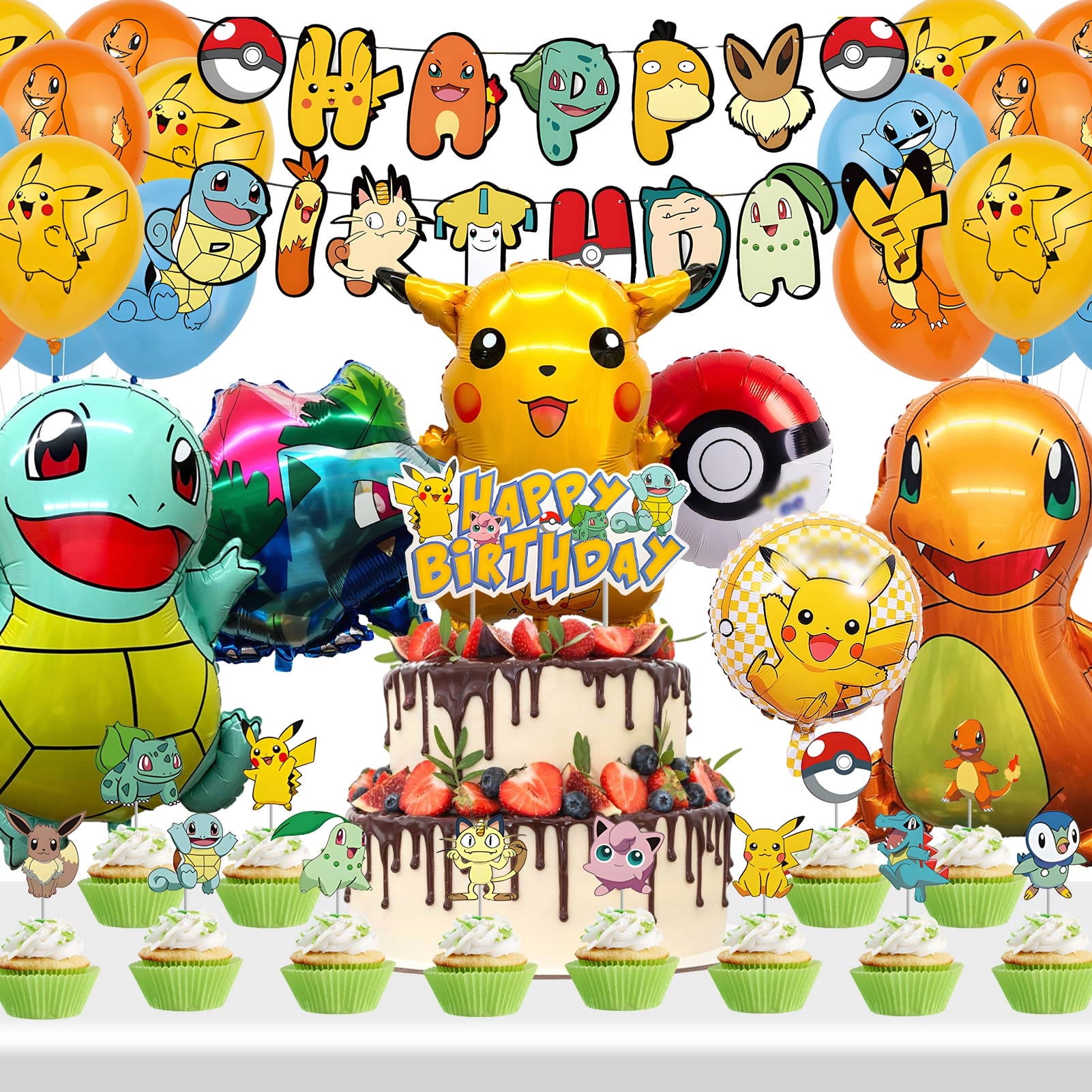 Forfamy 38 Piece Pokemon Theme Birthday Party Decoration with Cake Toppers, Banner, Balloon,Birthday Party Favor Pack Set for Kids Boys Girls