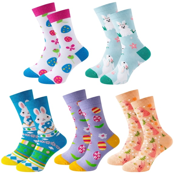 Forfamy 5 Pairs Easter Socks for Women Easter Bunny Crew Socks Rabbit Carrot Egg Pattern Socks Fun Socks for Easter Party Gift