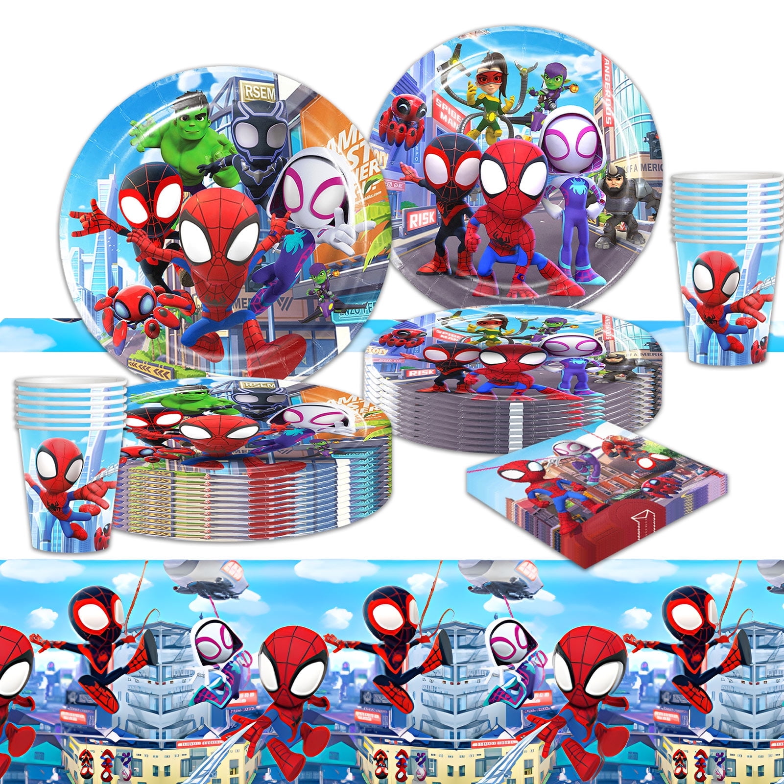 Forfamy 51PCS Spider and His Amazing Friends Decorations Party Supplies Plates with Cups Napkins Tablecloth Banner Spiderman Birthday Party Decorations Tableware Serves 10 Guests