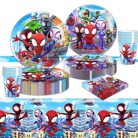 Forfamy 51PCS Spider and His Amazing Friends Decorations Party Supplies Plates with Cups Napkins Tablecloth Banner Spider Birthday Party Decorations Tableware Serves 10 Guests