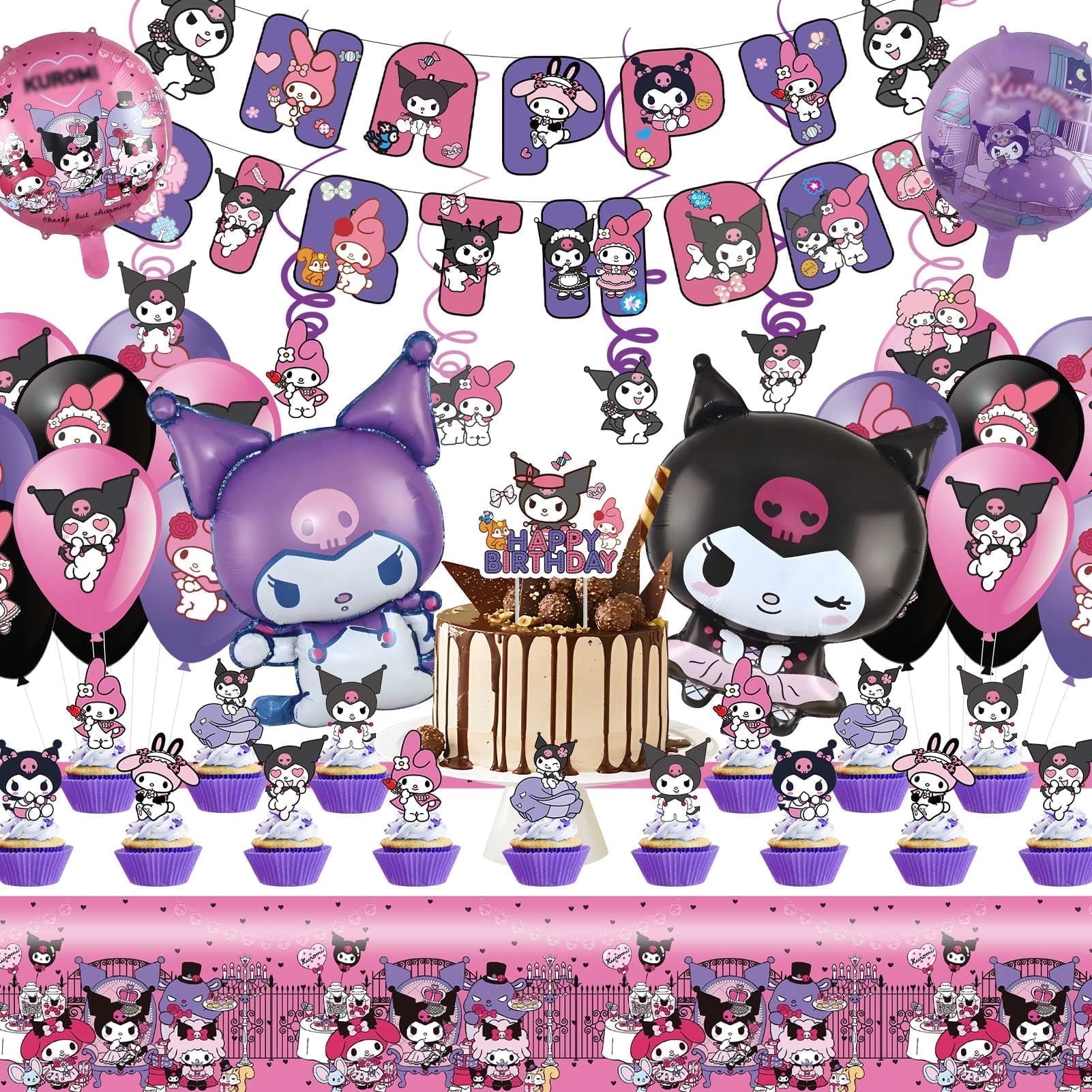 Forfamy  55Pack Kuromi Birthday Party Supplies Set Anime Cute Cartoon Party Decorations, Including Happy Birthday Banner Themed  Decorations