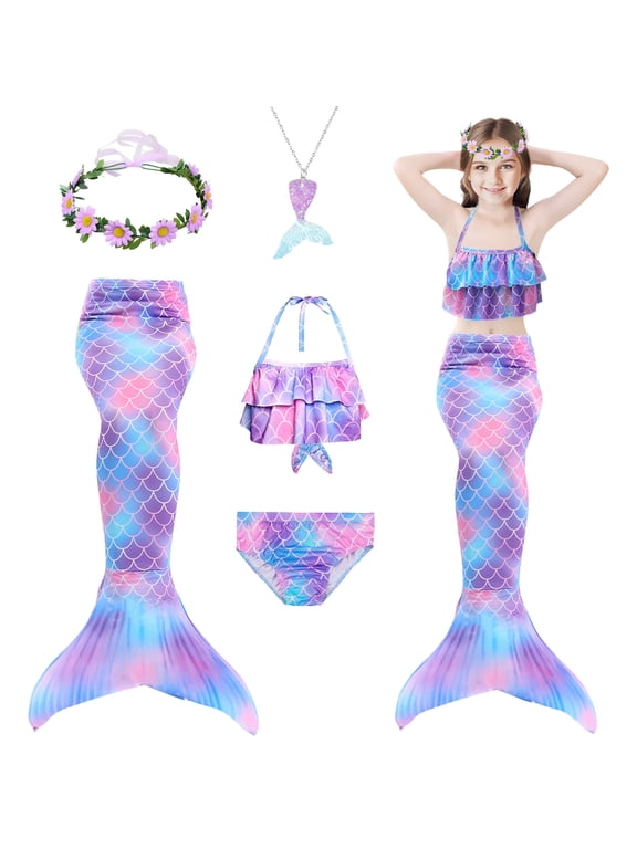 5Pcs Mermaid Tails for Swimming Girls Mermaid Swimsuit-Kids Mermaid Tail Princess Bikini Bathing Suit