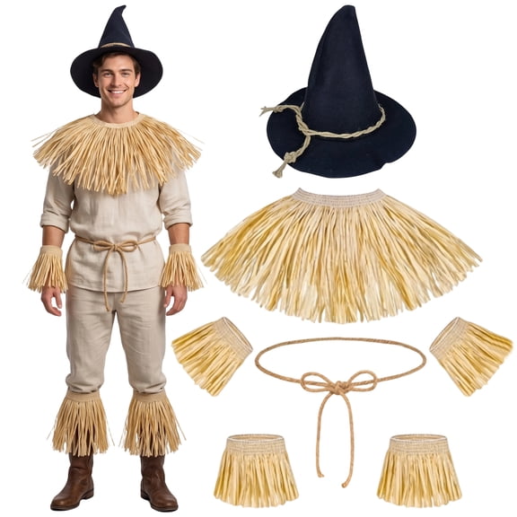 Forfamy 6PCS Scarecrow Costume Accessories Adult, Scarecrow Hat,coarse linen belt, Cosplay Accessories Set for Halloween Dress Up
