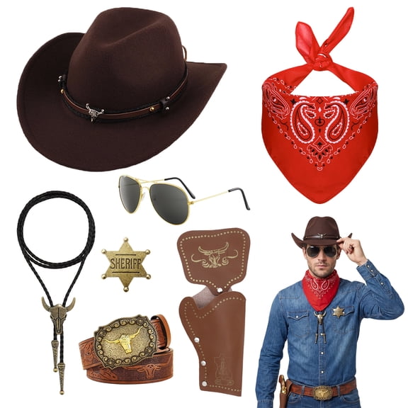 Forfamy 7 Pcs Western Cowboy Fancy Dress Accessories Set with Cowboy Hat, Holster, Bandanna, Sheriff Badge, Glasses, Belt Accessories for Halloween, Cosplay, Western Theme Party