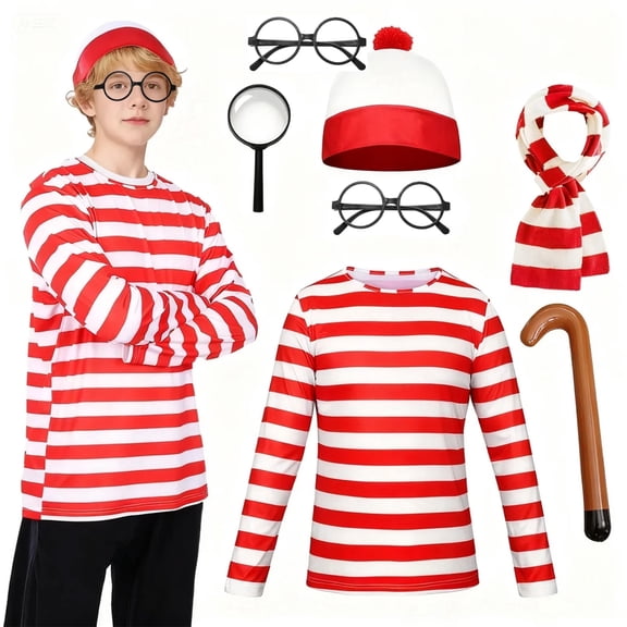 Forfamy Wheres Waldo Costume for Halloween Red and White Striped Top Tee Costumes Dress Up for Cosplay