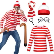 Forfamy Wheres Waldo Costume for Halloween Red and White Striped Top Tee Costumes Dress Up for Cosplay