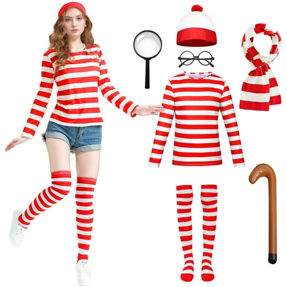 Forfamy Adult Christmas Wheres Waldo Costume Red and White Striped T-Shirt Halloween Costume Adult Christmas Party Cosplay