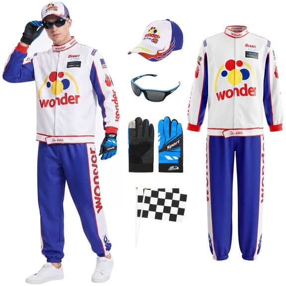 Forfamy Adult Costume for Men Halloween Costume Adult Nights Racing Jumpsuit Set Hat Gloves Full Outfit, Halloween Cosplay Uniform