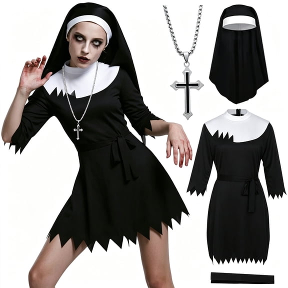 Forfamy Adults Nun Costume, Women Nun Fancy Dress with Headpiece Cross, Halloween Nun Costumes Nun Outfit for Halloween Cosplay Party
