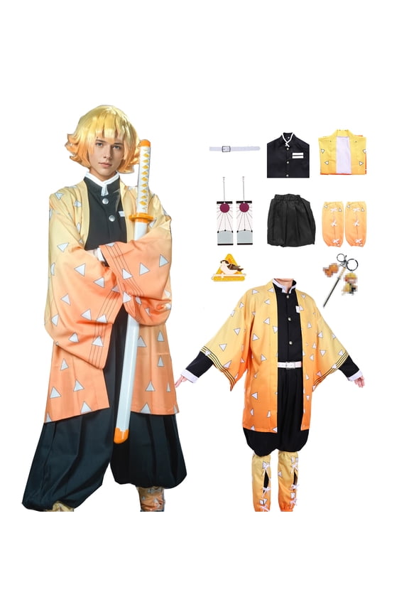 Agatsuma Zenitsu Cosplay Outfits, 8pcs Costume Anime Clothes for Aldults Halloween Cosplay Cloak for Women Men