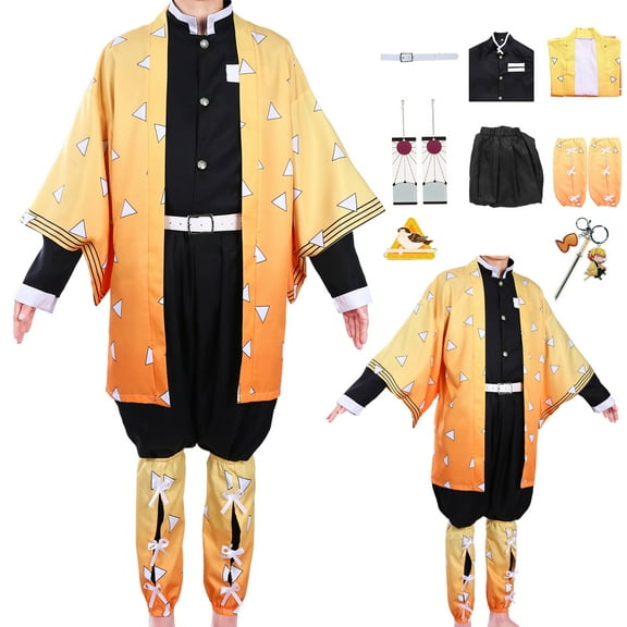 Forfamy Agatsuma Zenitsu Cosplay Outfits, 8pcs Costume Anime Clothes for Aldults Halloween Cosplay Cloak for Women Men