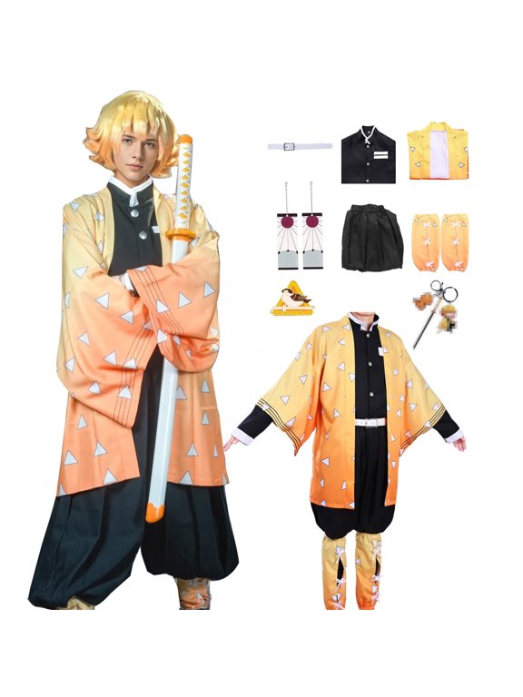Agatsuma Zenitsu Cosplay Outfits, 8pcs Costume Anime Clothes for Aldults Halloween Cosplay Cloak for Women Men