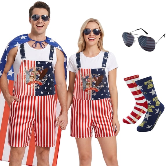 Forfamy American Flag Overalls Shorts for Men Women 4th of July Patriotic Bib Denim Jumpsuit Adjustable Strap Unisex