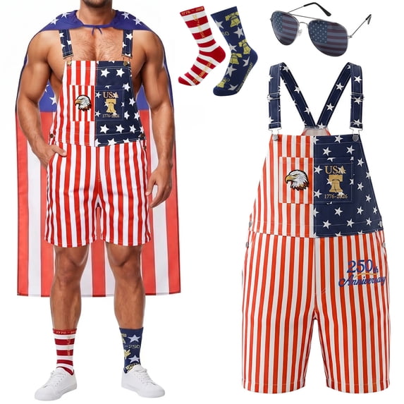 Forfamy American Flag Overalls Shorts for Men Women 4th of July Patriotic Bib Denim Jumpsuit Adjustable Strap Unisex