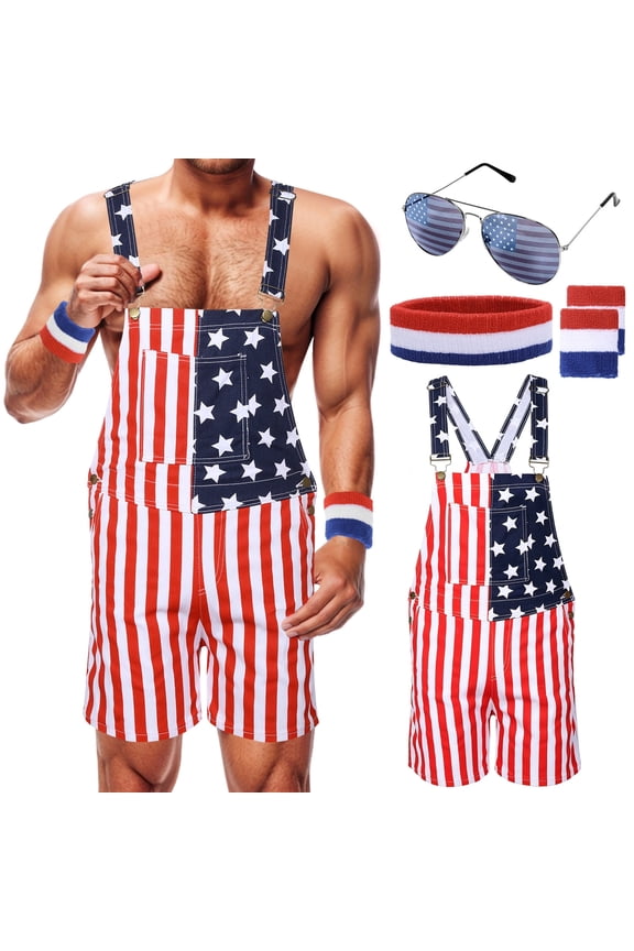 American Flag Overalls Shorts for Men Women 4th of July Patriotic Bib Denim Jumpsuit Adjustable Strap Unisex